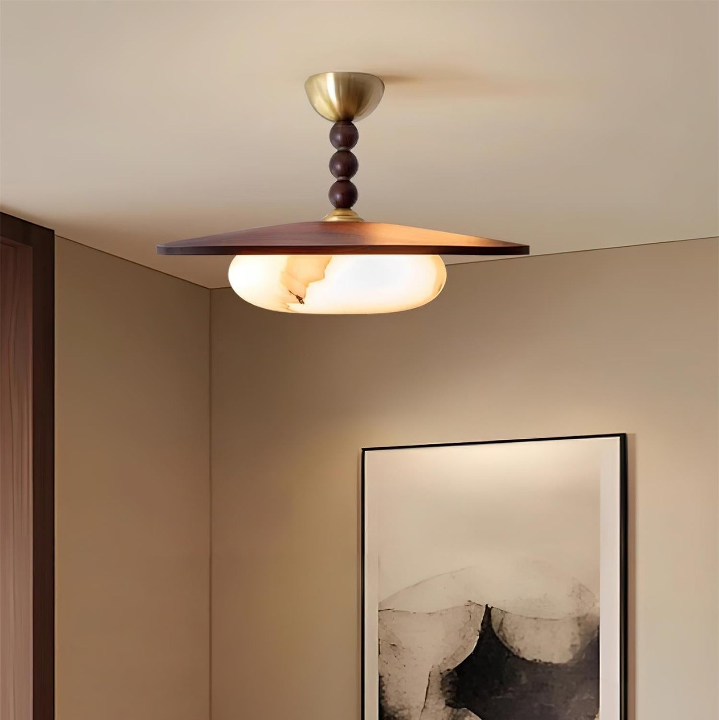 Yeste Plafonnier couleur noyer et imitation albâtre blanche
